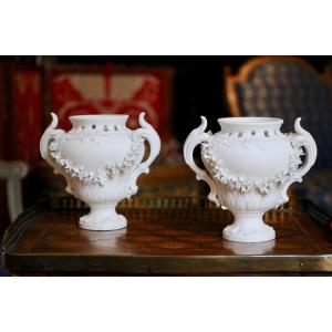 Pair Of Potpourris Vases In Biscuit Porcelain