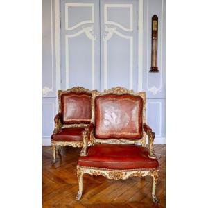 Impressive Pair Of Richly Carved Lacquered And Gilded Queen Armchairs