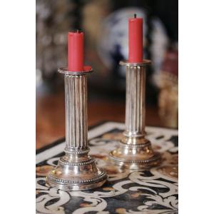Pair Of End Table Candlesticks In Silver Metal
