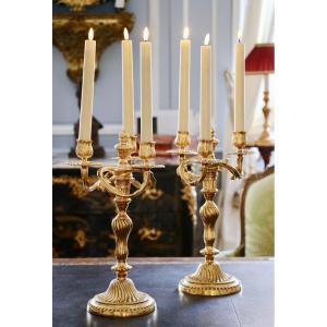 Pair Of Candelabra With Three Arms Of Light In Gilt Bronze