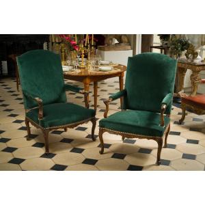 Pair Of Queen-style Armchairs In Stained And Carved Beech Wood