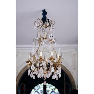 Rare Cage Chandelier With 9 Arms Of Light In Rock Crystal, Louis XV Period