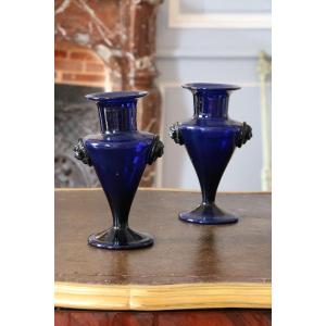 Pair Of Bordeaux Blue Glass Vases