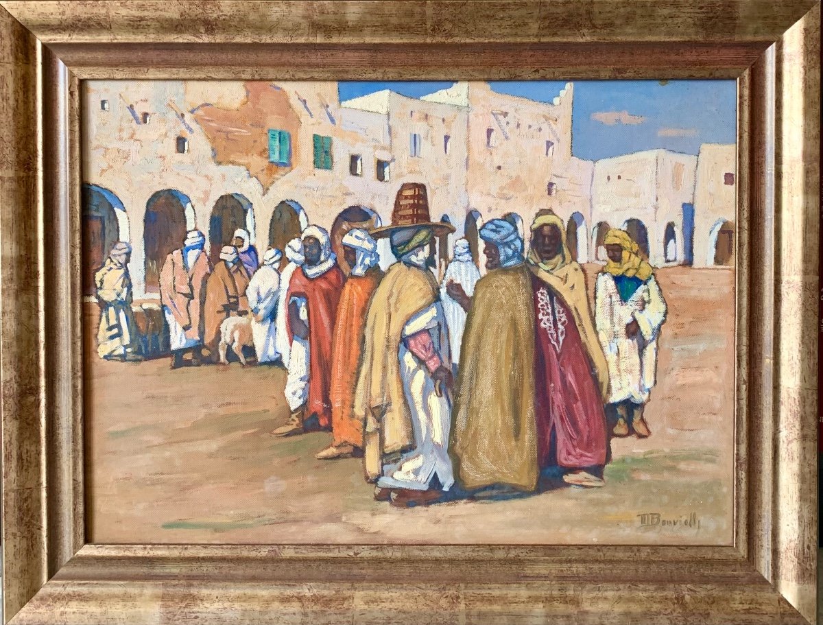 Bouviolle Maurice 1893-1971 The Sheep Market In Ghardaia Oil On Canvas Signed M Bouviolle
