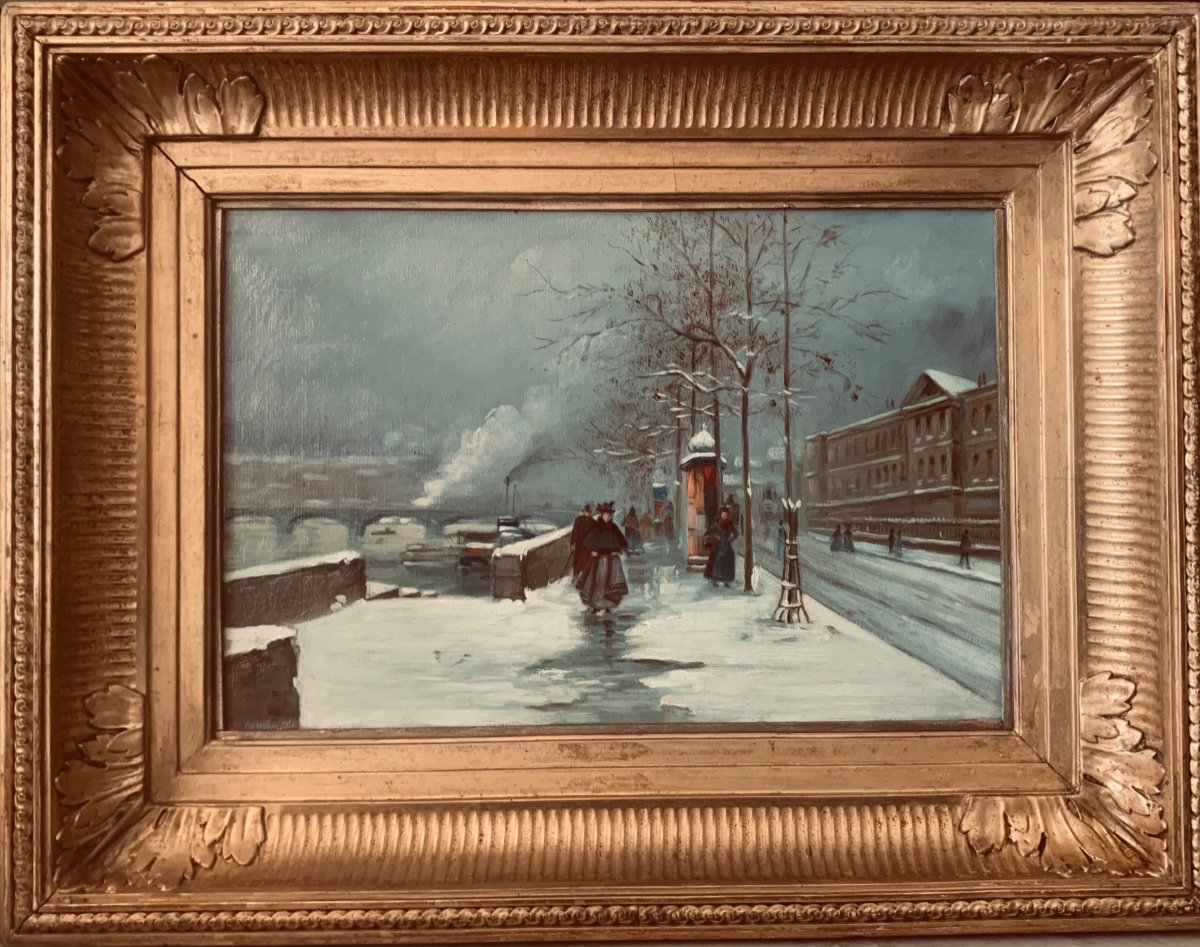 Tableau Représentant Le Quai du Louvre  sous la neige, huile sur toile, attribuée à Henri-Gaston DARIEN 1864-1926.