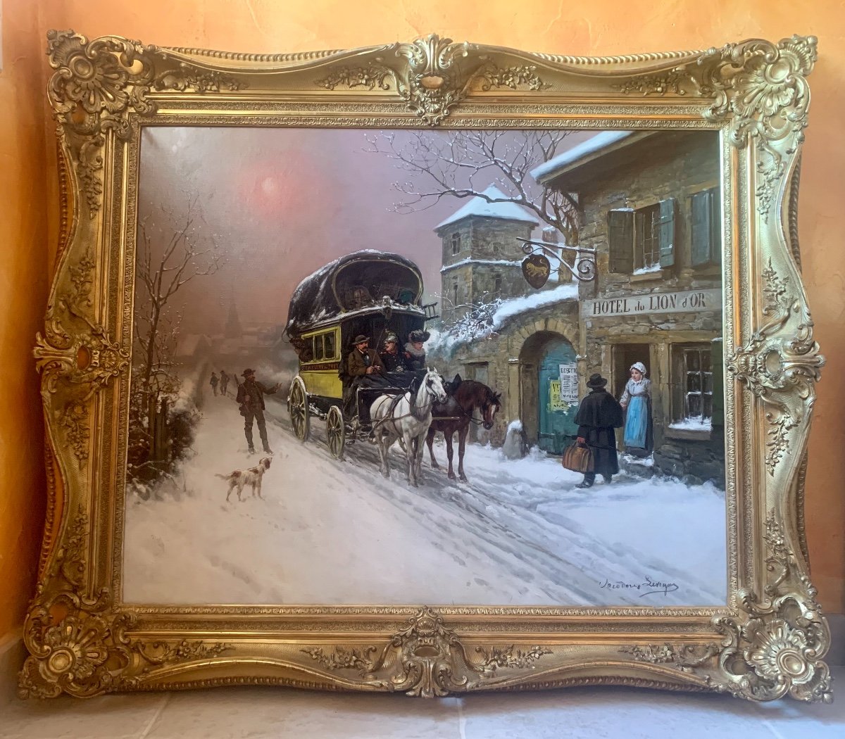 L’arrivée De La Malle Poste, Huile Sur Toile De Théodore Lévigne, Signée En Bas à Droite.