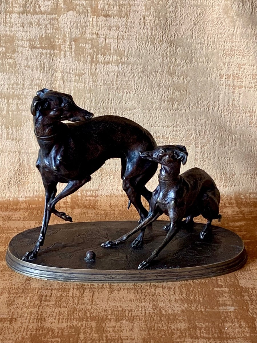 Two Greyhounds In Bronze, Playing Boules, Signed On The Oval Terrace, Pj Mène.