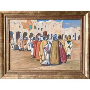Bouviolle Maurice 1893-1971 The Sheep Market In Ghardaia Oil On Canvas Signed M Bouviolle