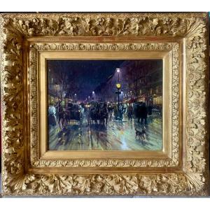 The Grands Boulevards Of Paris, Night Effect. Oil On Canvas, Signed F.couly-raymond