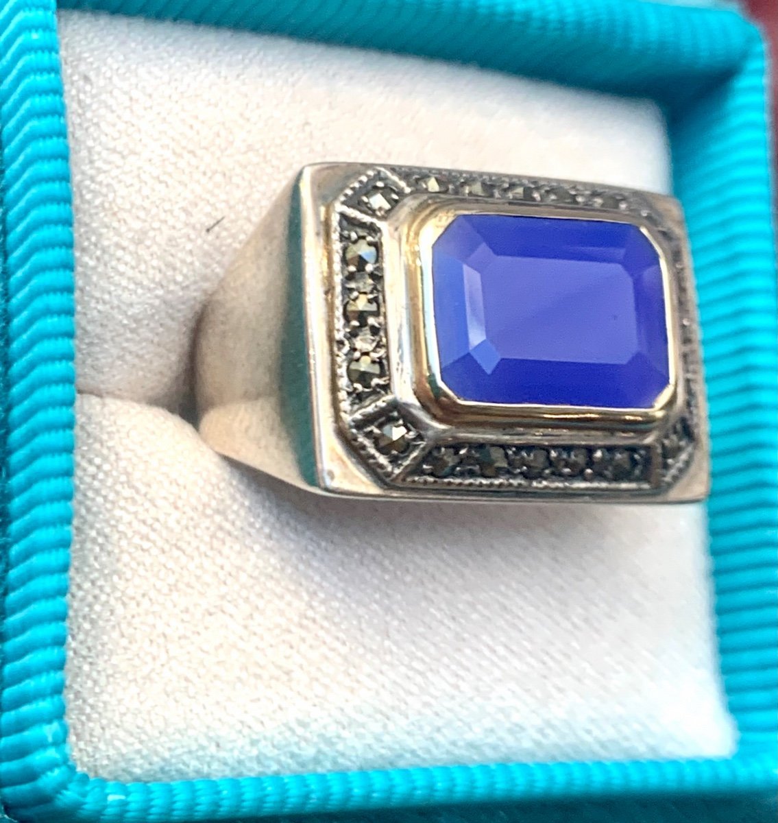 Bague Argent , Or, Calcédoine Et Marcassites 