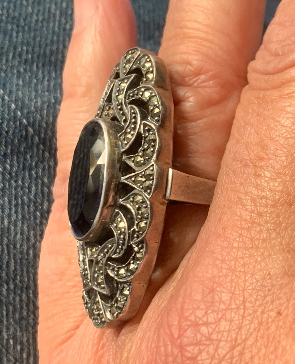 Bague Argent Sertie De Marcassites Et Pierre Bleue -photo-3