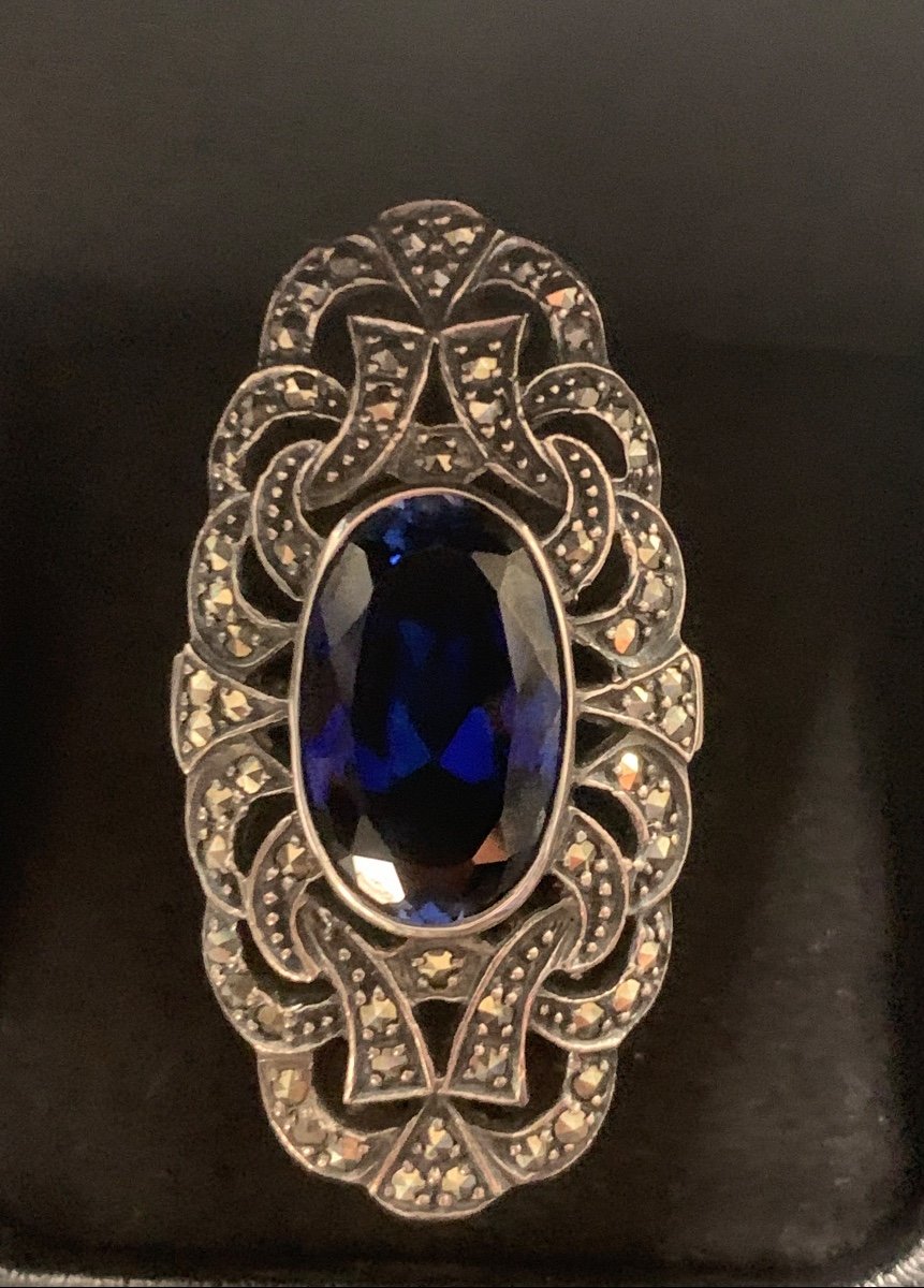 Bague Argent Sertie De Marcassites Et Pierre Bleue 