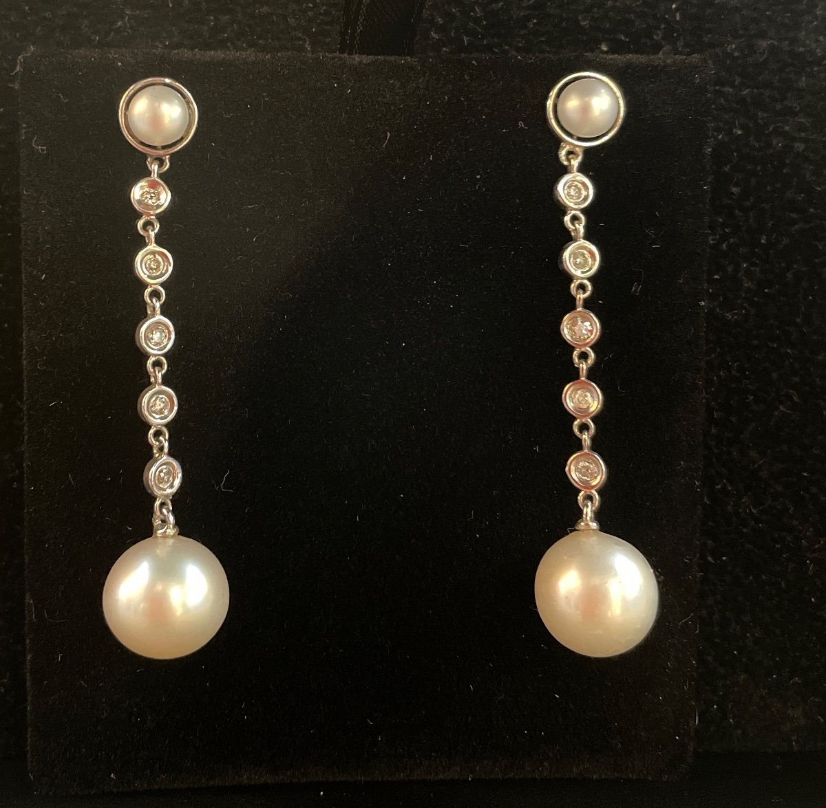 Boucles D’oreilles Or 18ct Diamants Perles Cultures -photo-4