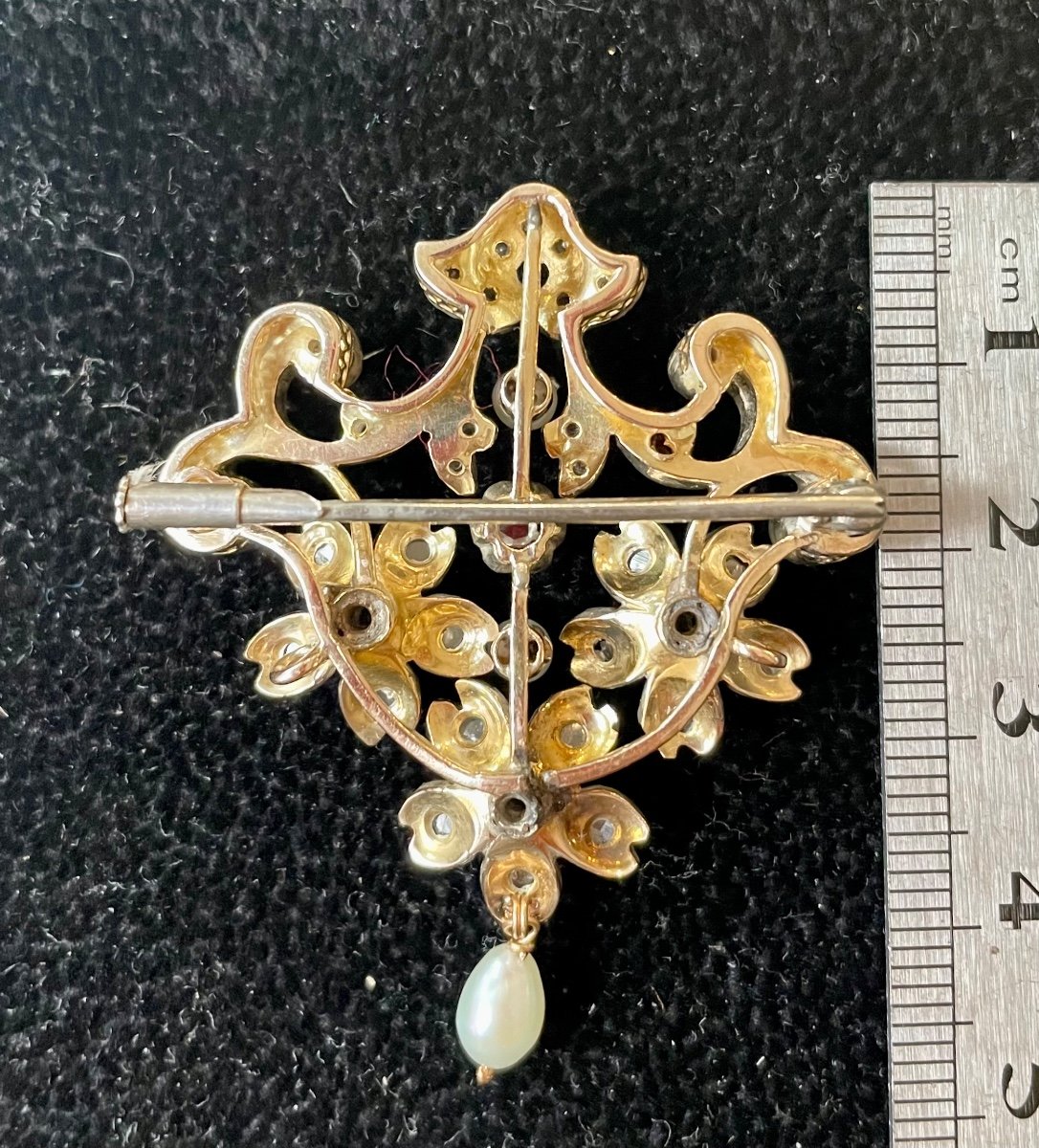 Broche Argent Et Or , Diamants Taille Rose , XIX Eme Siècle.-photo-1
