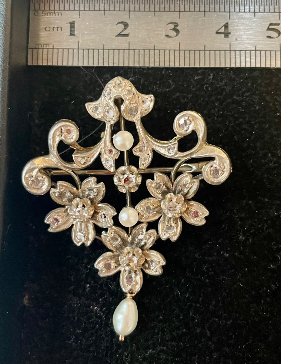 Broche Argent Et Or , Diamants Taille Rose , XIX Eme Siècle.-photo-2