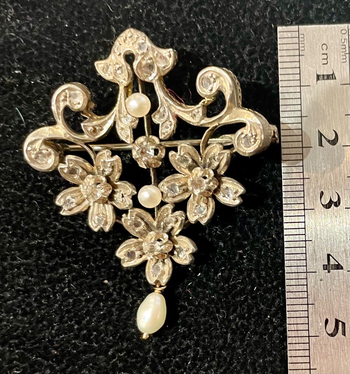Broche Argent Et Or , Diamants Taille Rose , XIX Eme Siècle.-photo-3