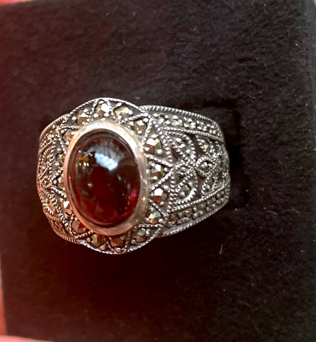 Bague Argent Grenat Marcassites -photo-2