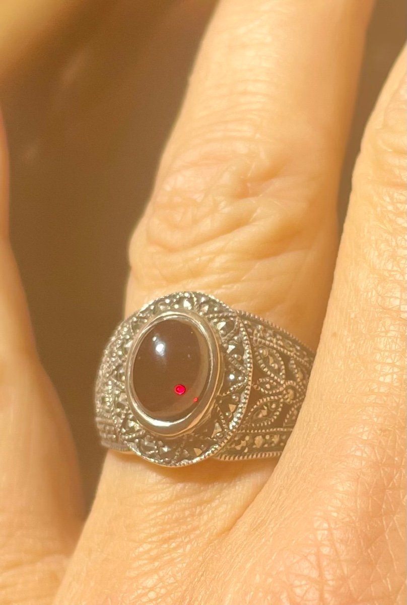 Bague Argent Grenat Marcassites -photo-2