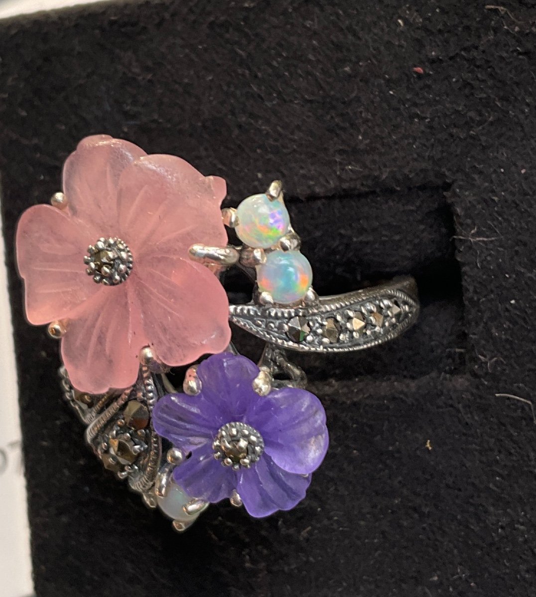 Bague Argent Quartz Rose , Jade Lavender, Opales ,Marcassites -photo-1