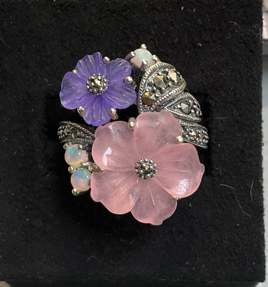 Bague Argent Quartz Rose , Jade Lavender, Opales ,Marcassites 