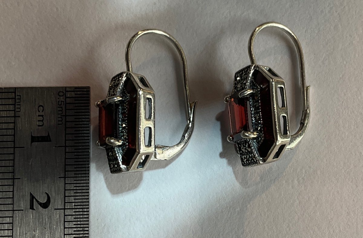 Pair Of Silver Earrings Garnets Marcasite Enamel-photo-3