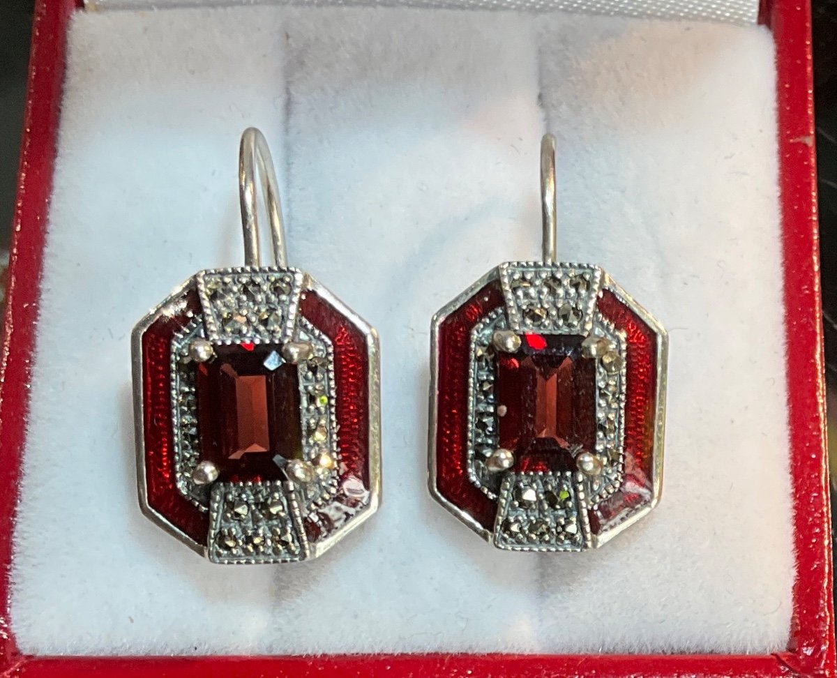Pair Of Silver Earrings Garnets Marcasite Enamel