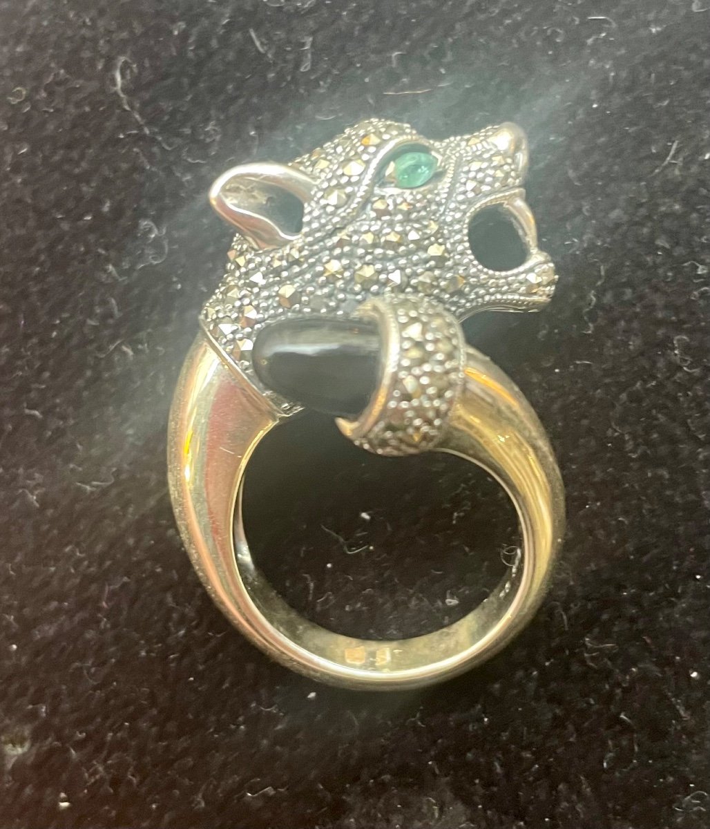 Bague Panthère Argent Onyx Marcassites-photo-3