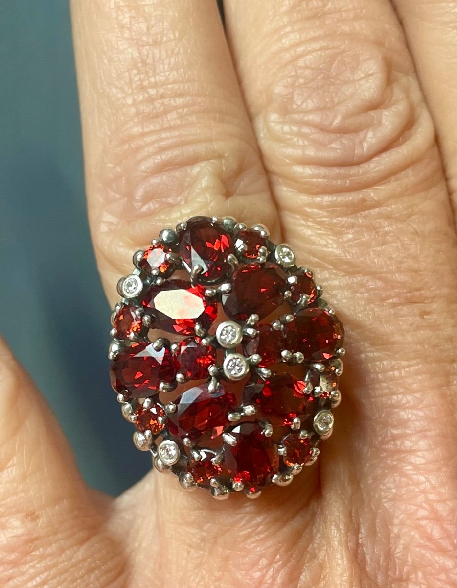 Silver Ring Set With Garnets And Zirconium