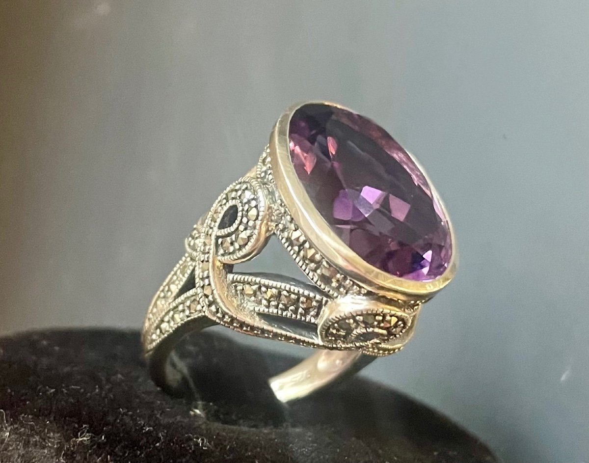 Silver Ring Amethyst Marcasite
