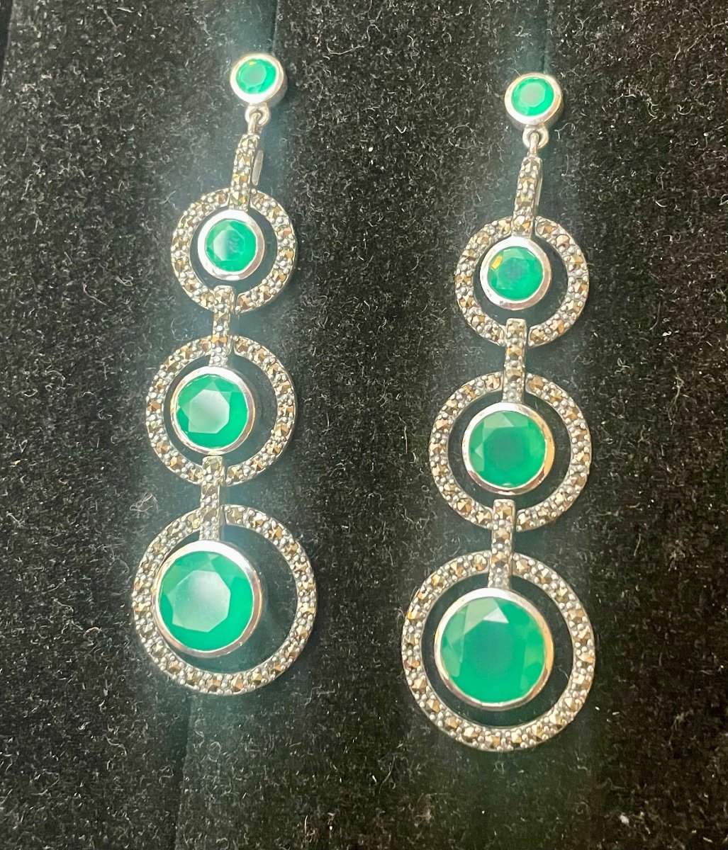Boucles D’oreilles Argent Agathes Vertes Marcassites -photo-3