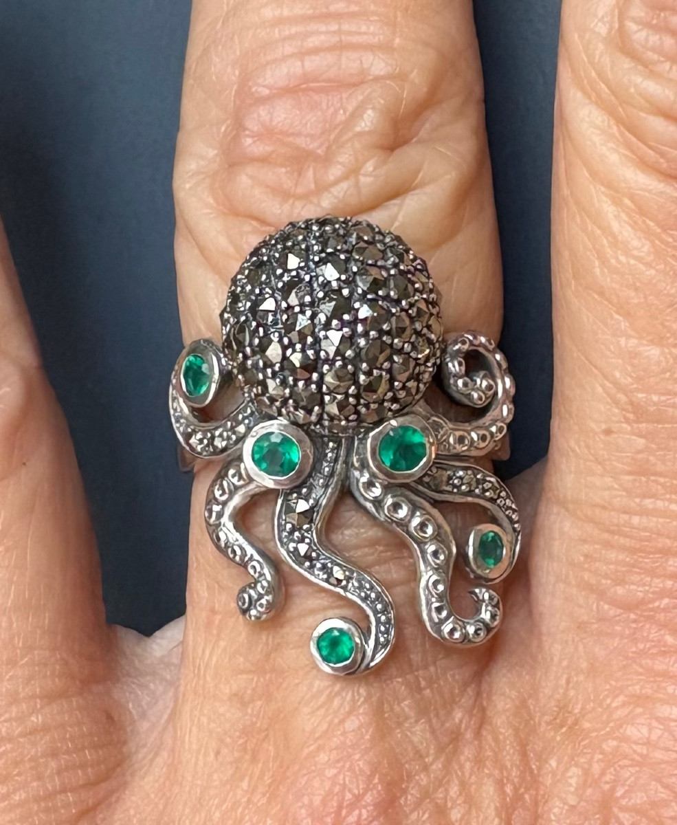 Bague poulpe argent  agathes vertes marcassites -photo-3