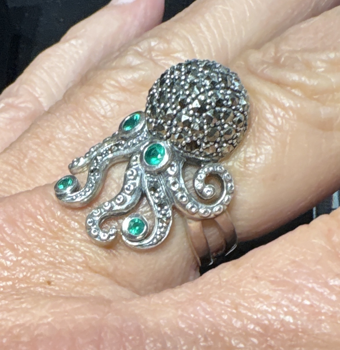Bague poulpe argent  agathes vertes marcassites -photo-4