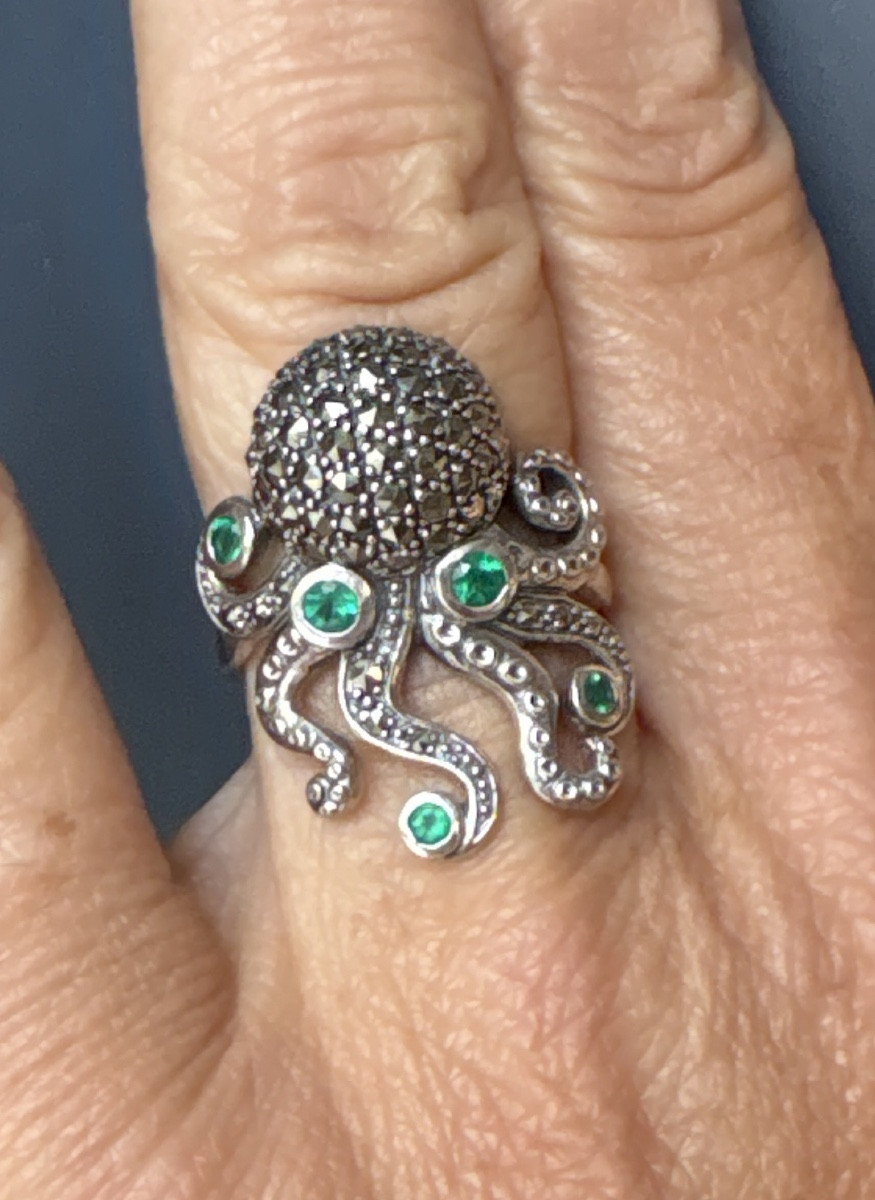 Bague poulpe argent  agathes vertes marcassites -photo-4