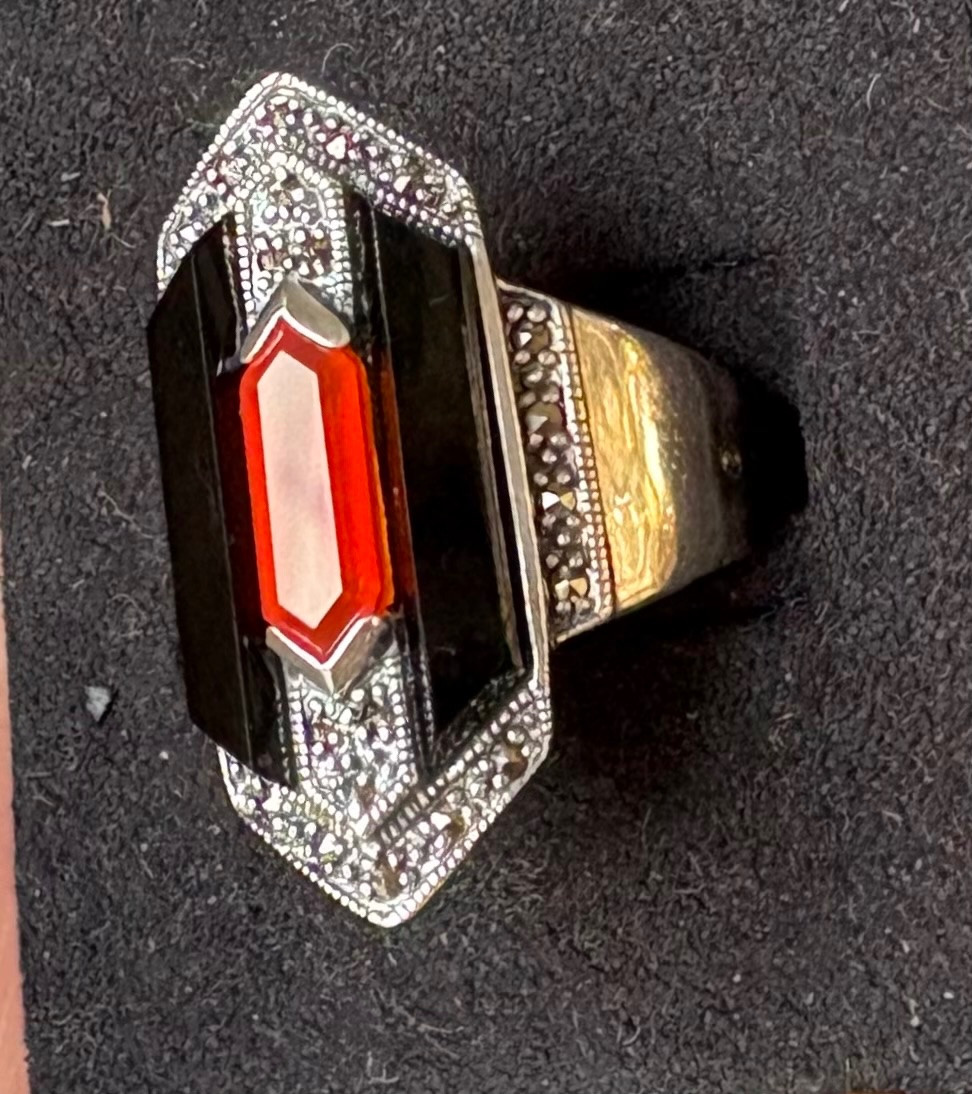 Art Deco Silver Ring With Carnelian And Nyx-photo-4