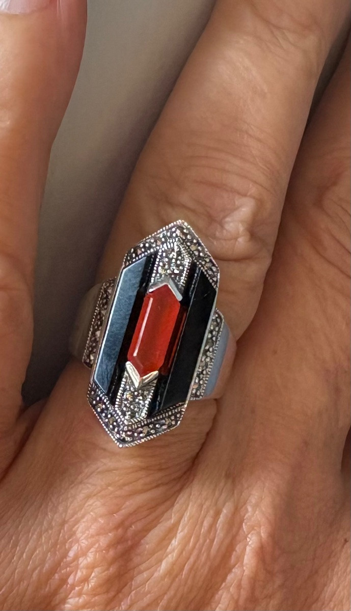 Art Deco Silver Ring With Carnelian And Nyx-photo-3