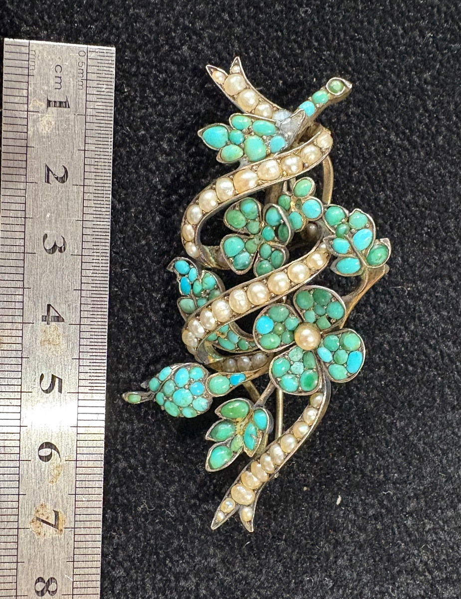 Broche argent turquoise perles  . 19 eme siecle-photo-1