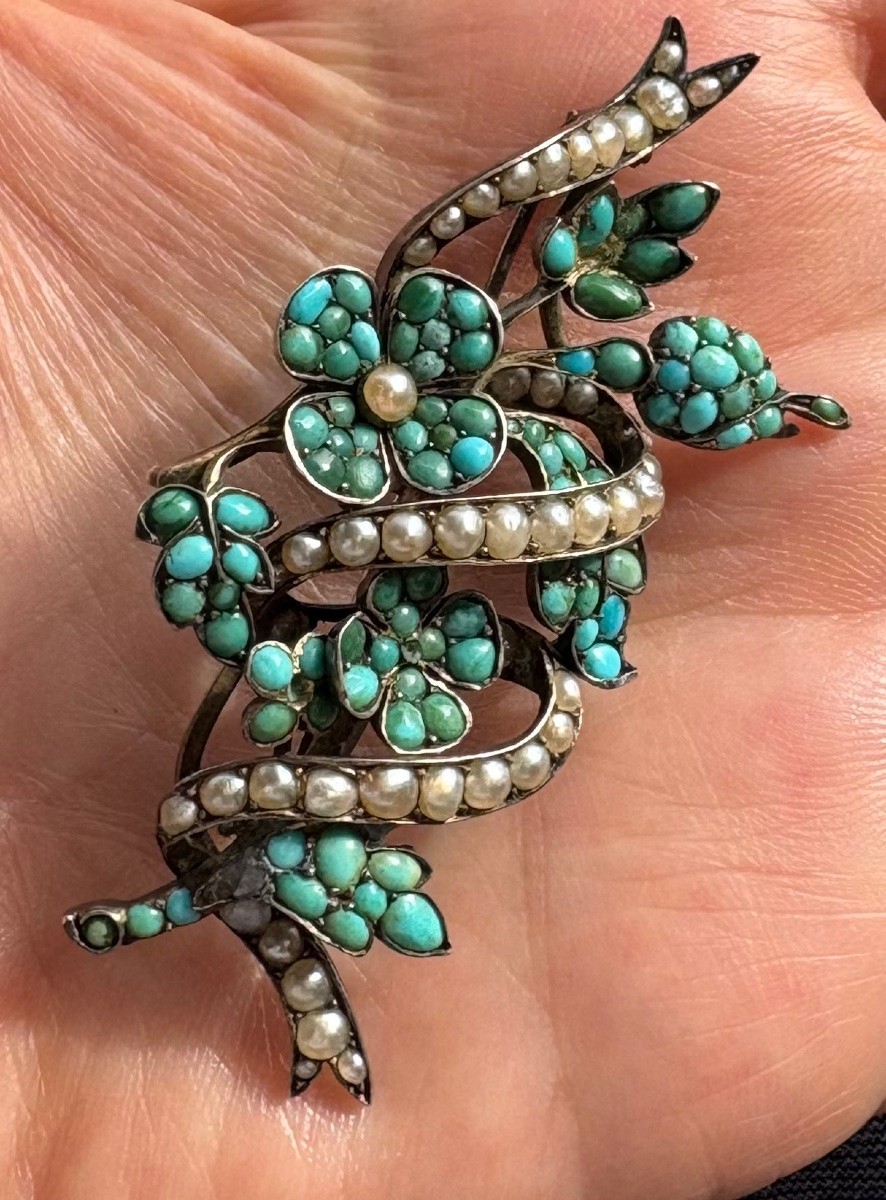 Broche argent turquoise perles  . 19 eme siecle
