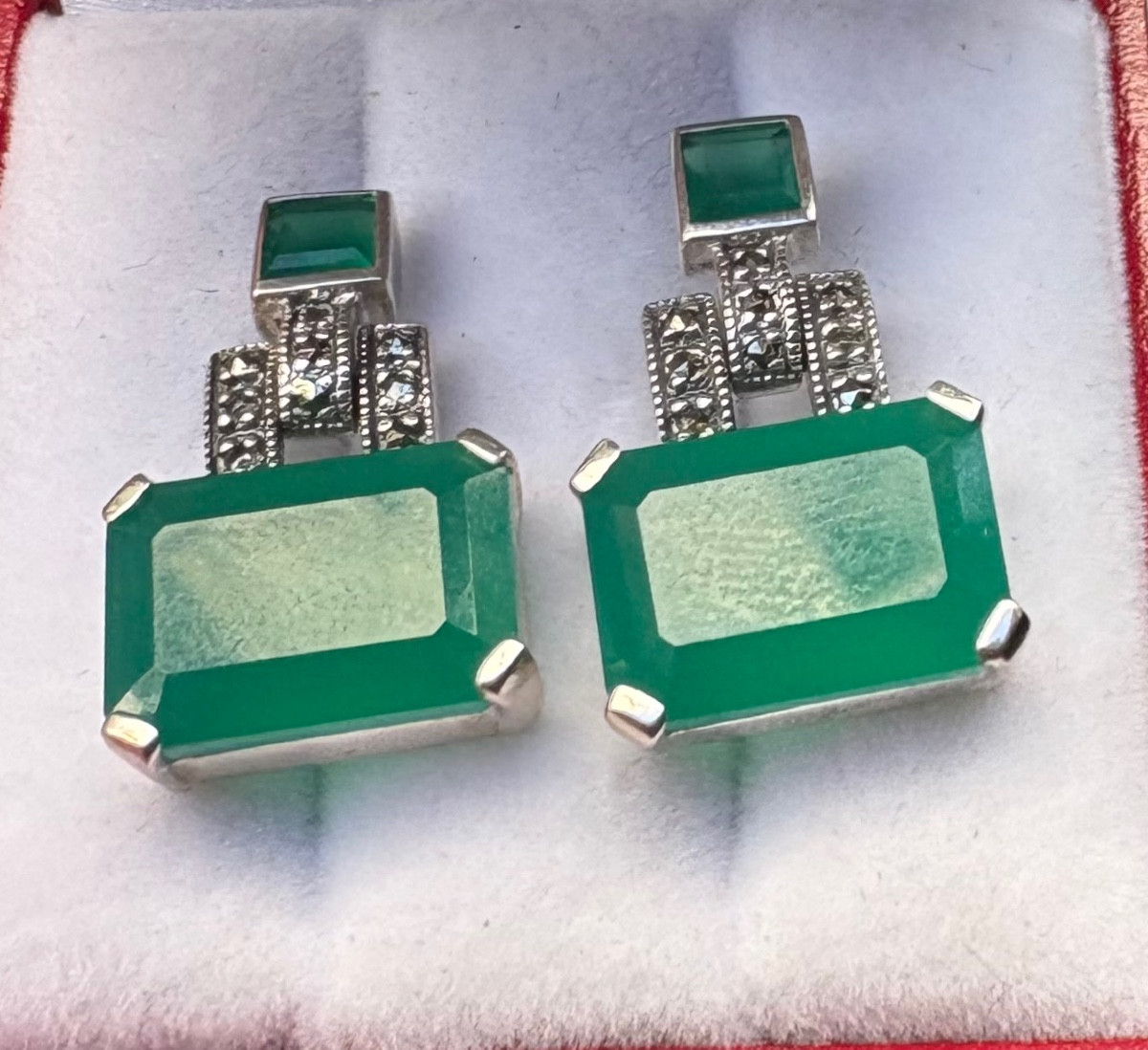Boucles d’oreilles argent agates vertes marcassites-photo-2