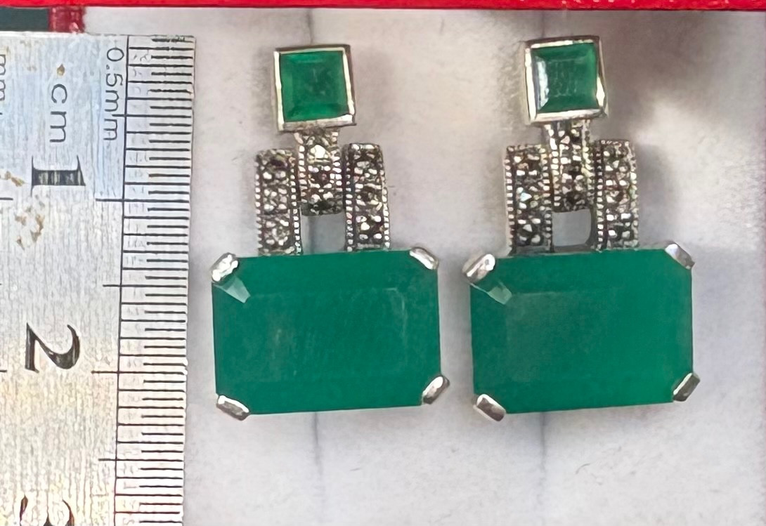 Boucles d’oreilles argent agates vertes marcassites-photo-3