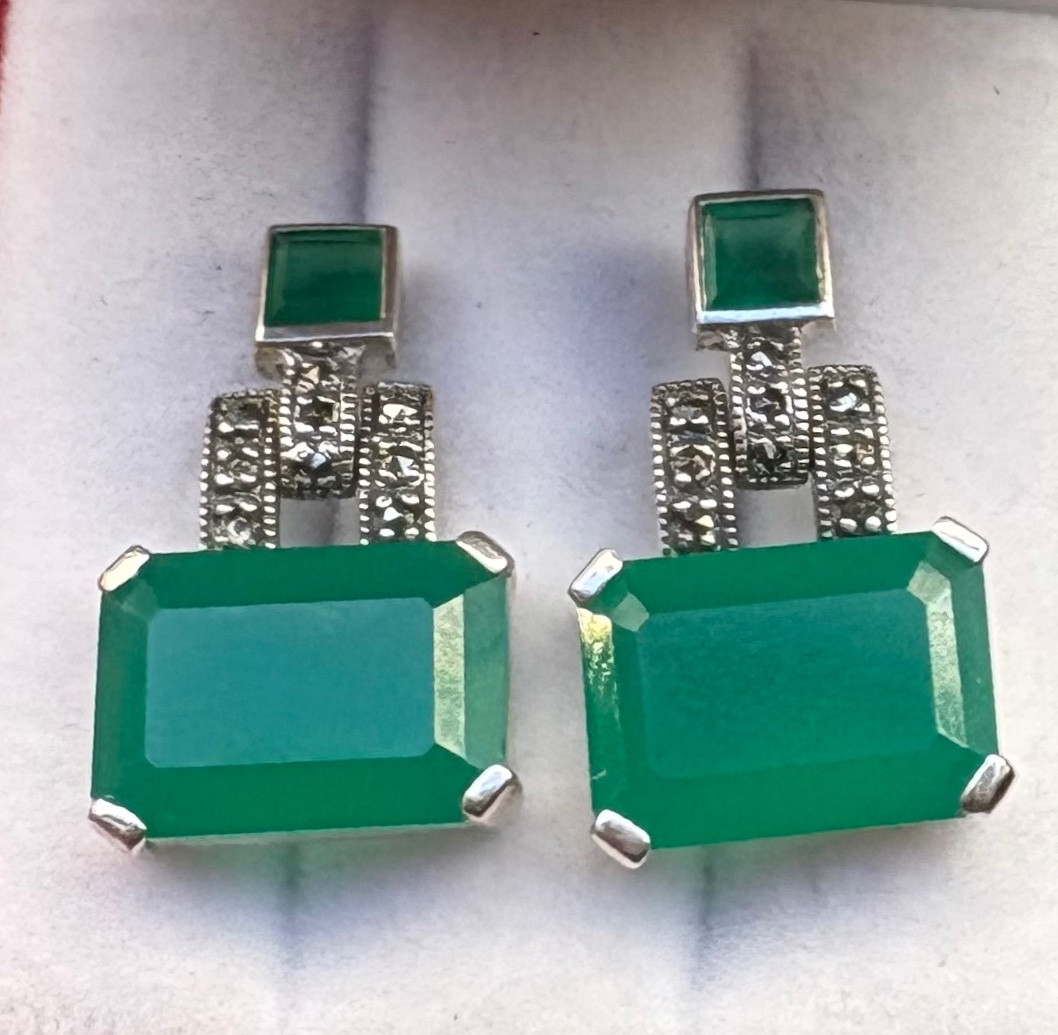 Boucles d’oreilles argent agates vertes marcassites