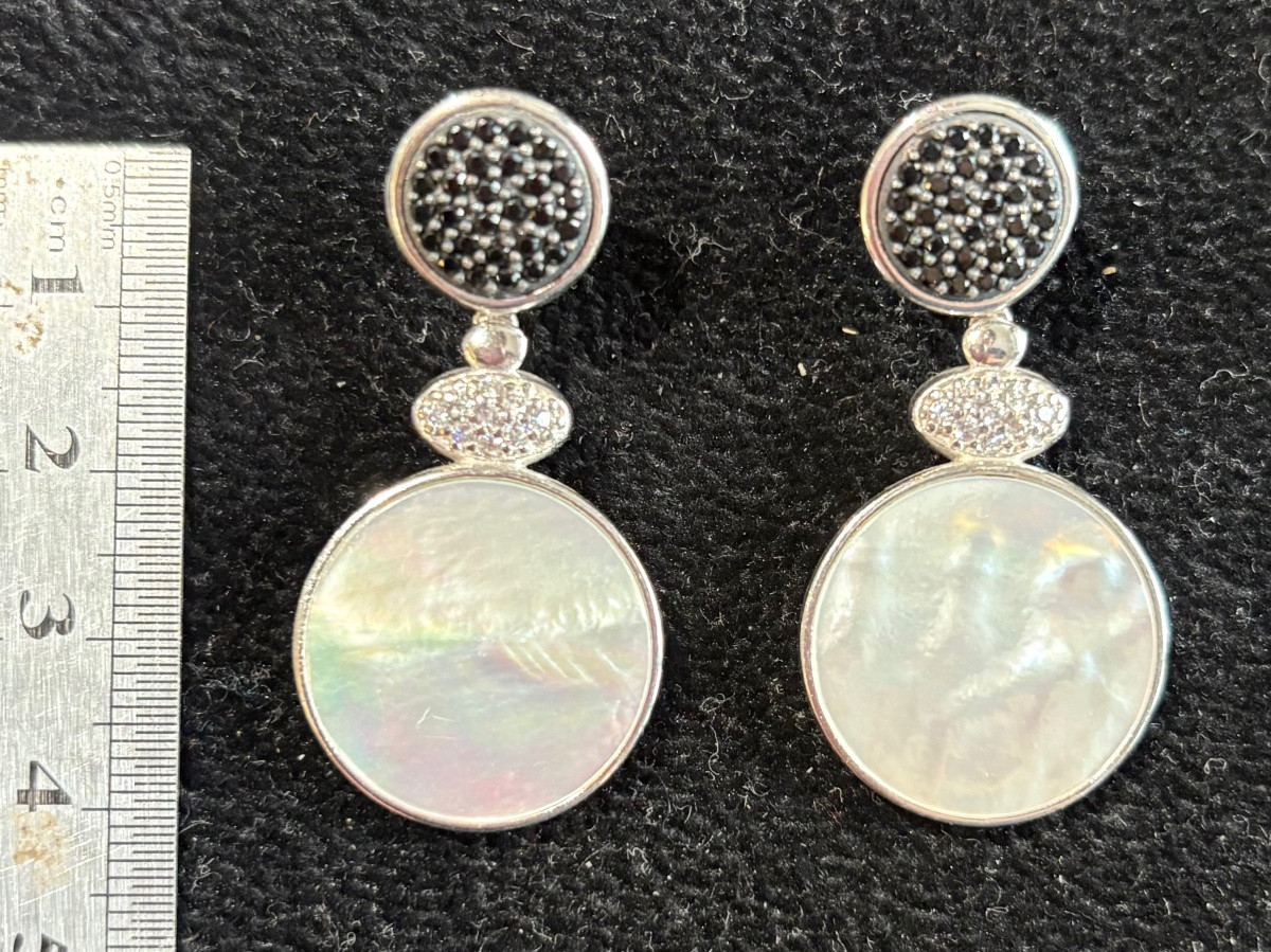 Silver, Mother-of-pearl, Onyx Earrings-photo-2