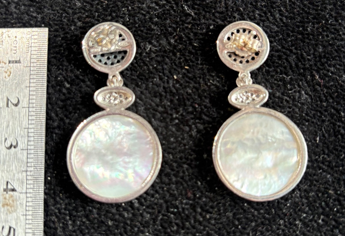 Silver, Mother-of-pearl, Onyx Earrings-photo-3