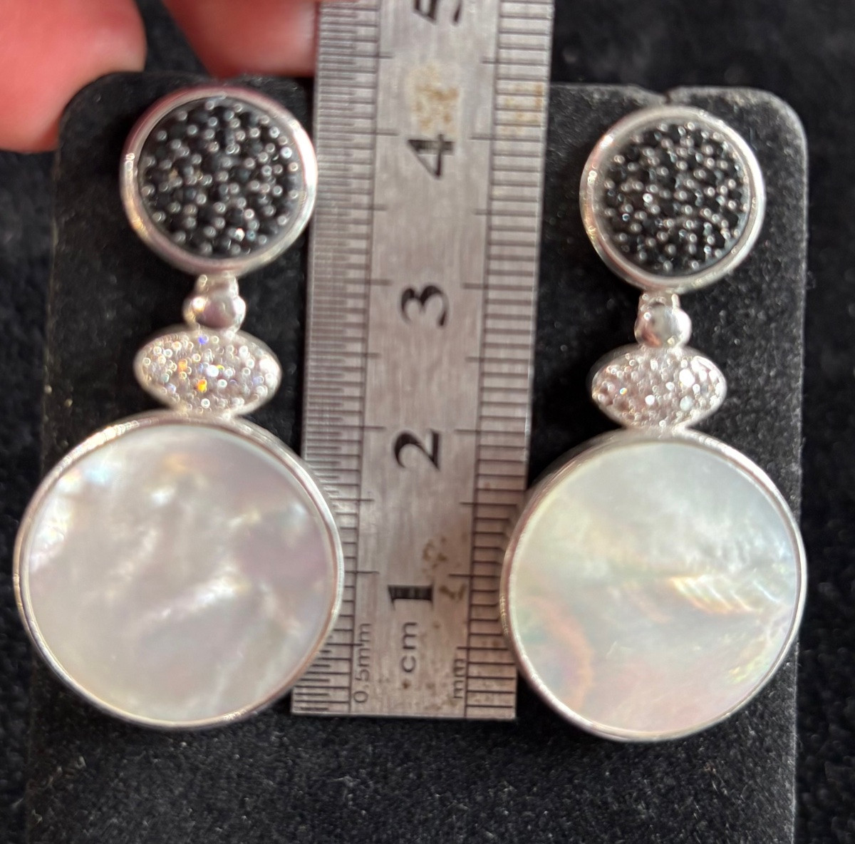 Silver, Mother-of-pearl, Onyx Earrings-photo-5