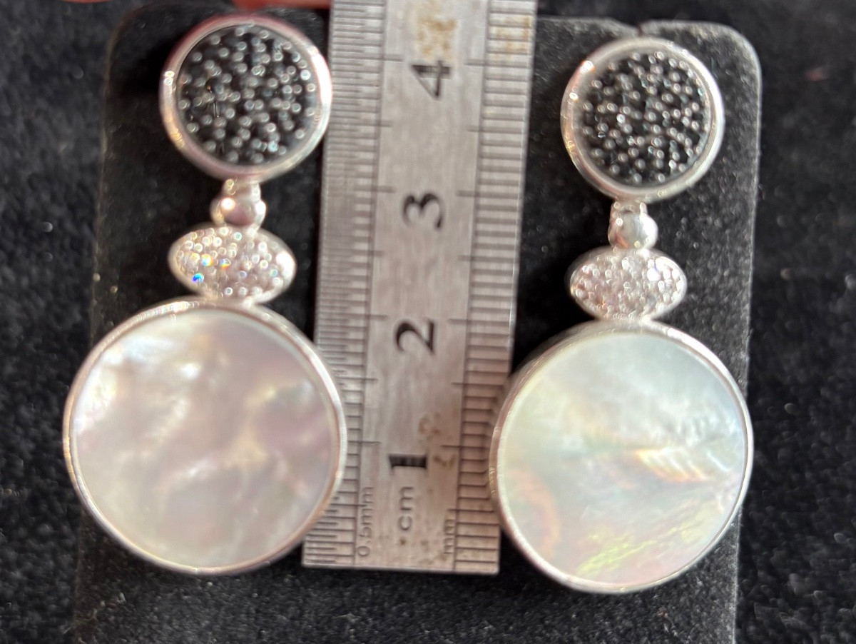 Silver, Mother-of-pearl, Onyx Earrings-photo-6
