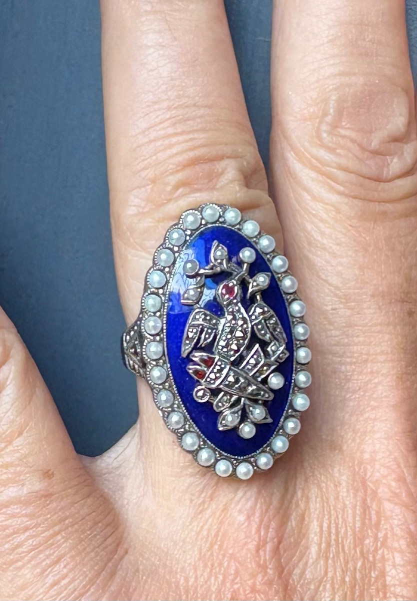 Bague argent email perles cultures marcassites-photo-2