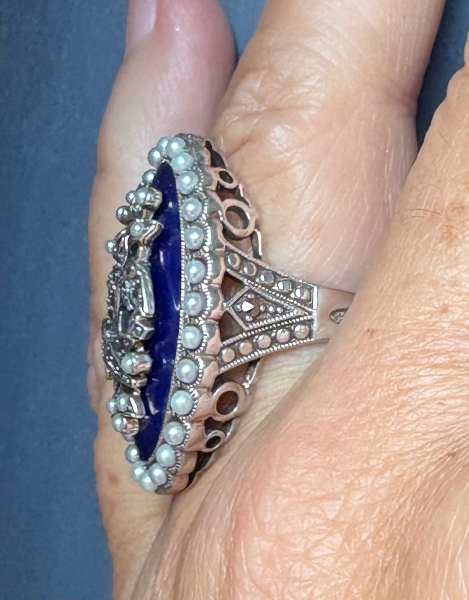 Bague argent email perles cultures marcassites-photo-4