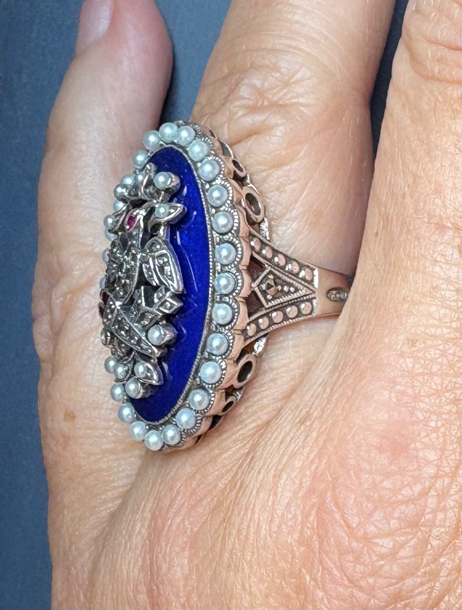 Bague argent email perles cultures marcassites-photo-5
