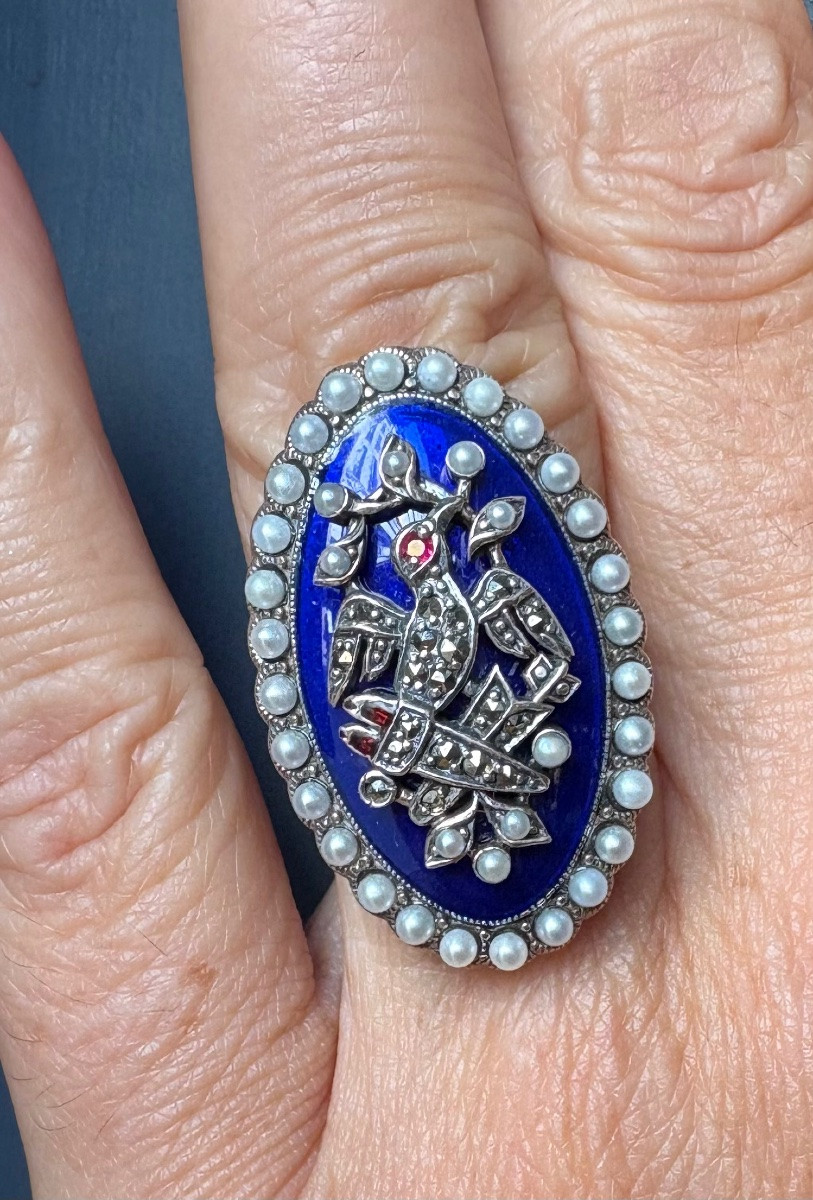 Bague argent email perles cultures marcassites-photo-7