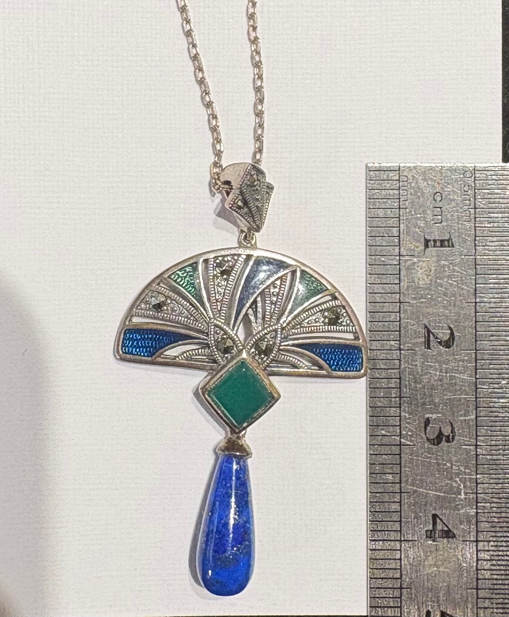 Pendentif + chaîne argent email lapis lazuli -photo-1