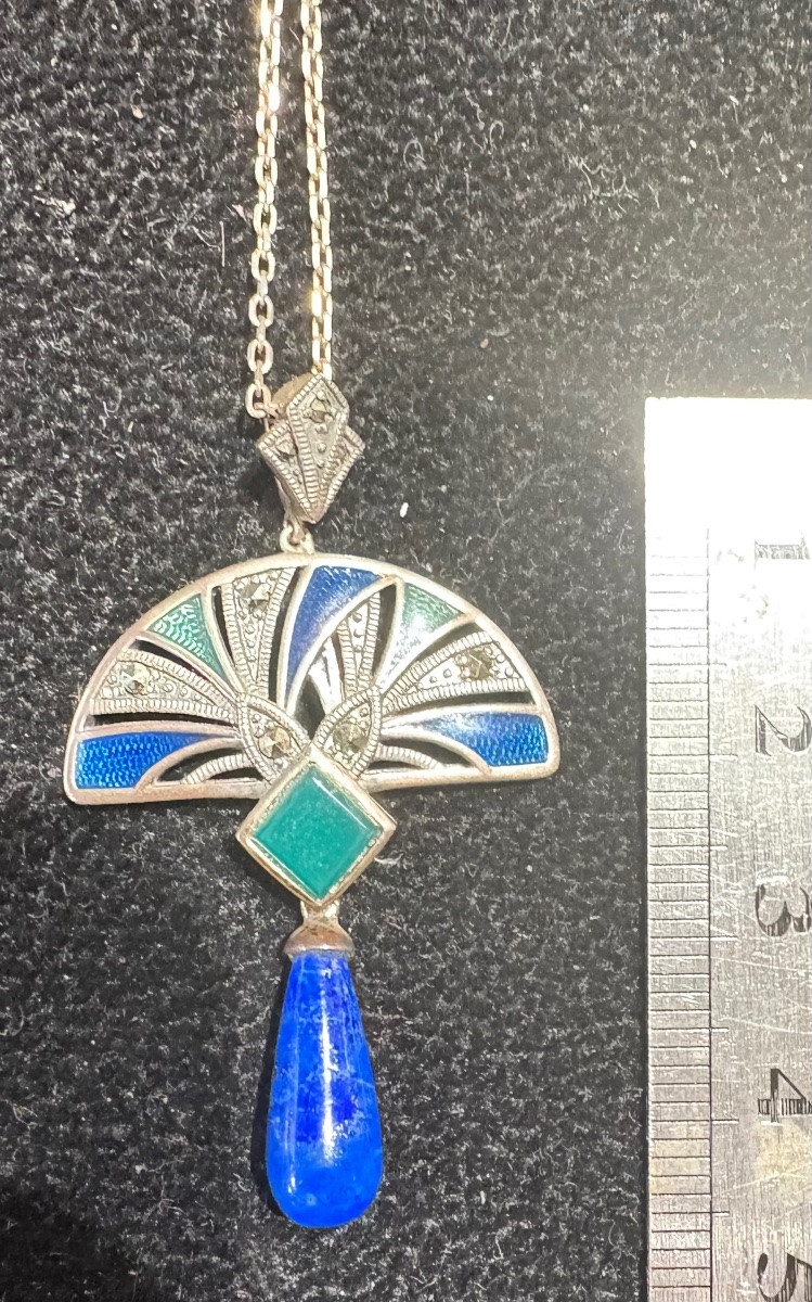 Pendentif + chaîne argent email lapis lazuli -photo-7